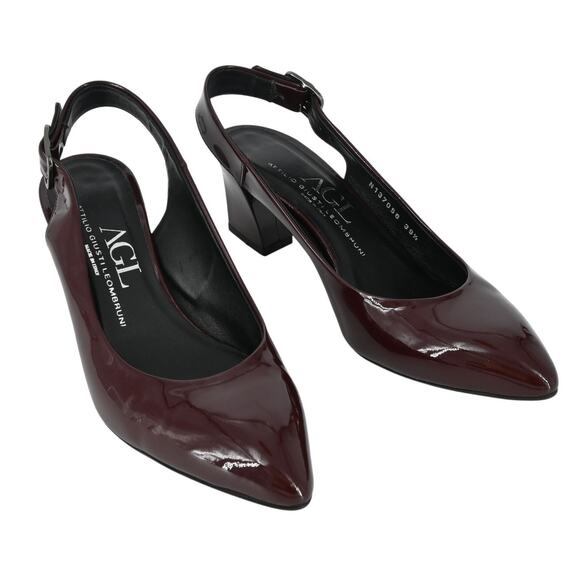 AGL Patent Leather Slingback Block Heel Pumps Wine Red Size 39.5 US 9.5 - Picture 1 of 9